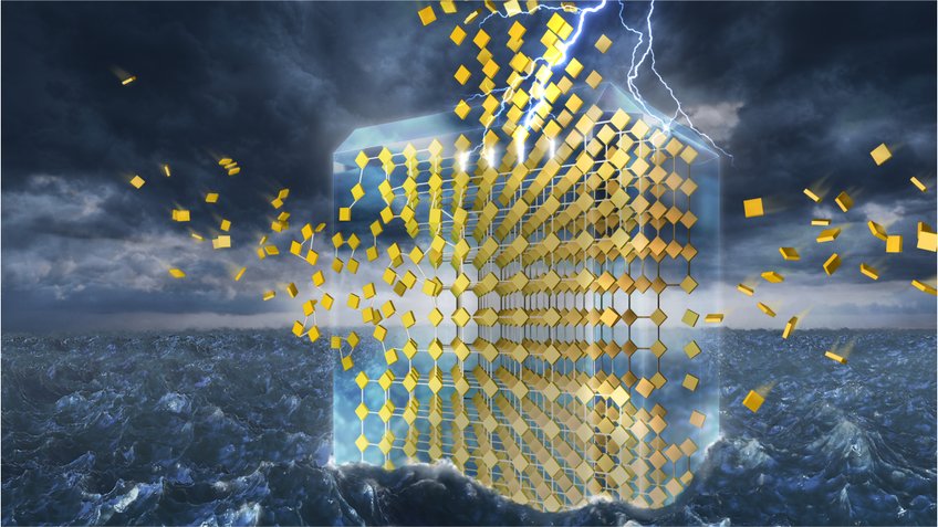 Reticular Materials A large transparent cube composed of golden tiles appears on a stormy ocean with lightning striking from a dark, cloudy sky.