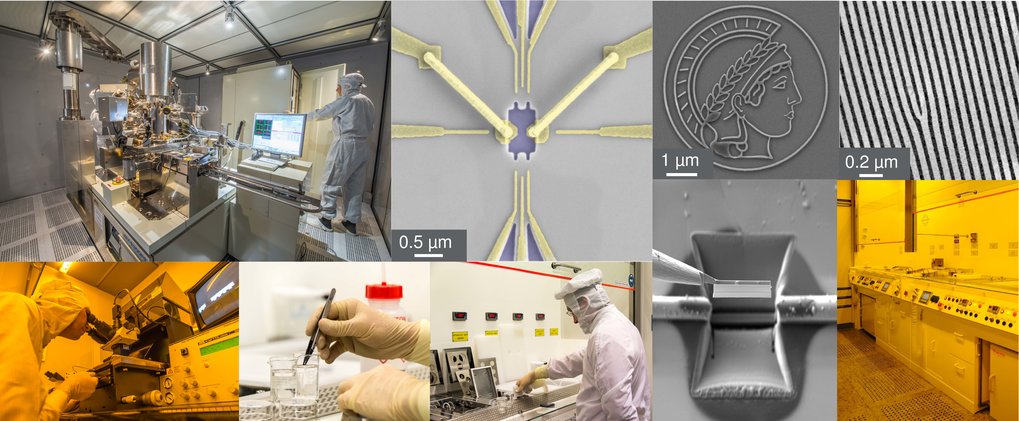 Photo collection, various photos of samples, laboratory equipment in the cleanroom, partial view of cleanroom 