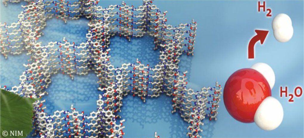 <div style="text-align: center;">Licht-induzierte Wasserspaltung mithilfe eines hochporösen 2D kovalenten organischen Netzwerks.</div>
<div style="text-align: center;">Light-driven water splitting mediated by a highly porous 2D covalent organic framework.</div>