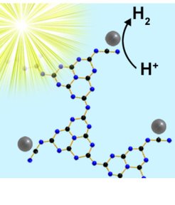Sunlight impinging on the carbon nitride photocatalyst leads to the evolution of hydrogen gas.
Sonnenlicht trifft auf den Kohlenstoffnitrid-Photokatalysator auf und es entsteht Wasserstoffgas.