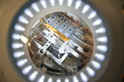 View into our pulsed-laser deposition system (target manipulator).