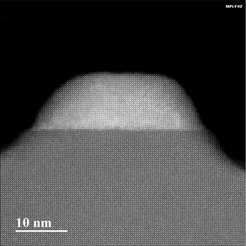 HAADF STEM image of a SrRuO3 quantum dot with the size of 30 nm grown on (100) SrTiO3.