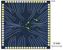 Optical microscopy image of a capacitor with integrated NaCl-H2O dielectric of ≈20 μm diameter (green arrow).