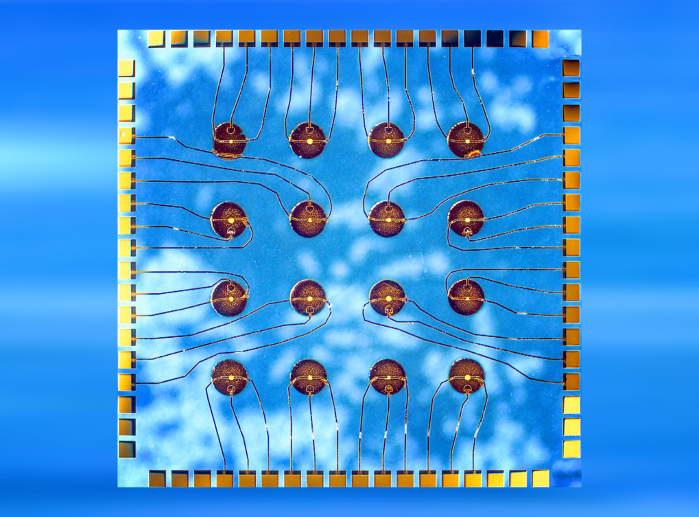 Photo of a chip containing 16 field-effect transistors with integrated micropatterned liquids serving as gate dielectrics Advanced Materials 30, 1802598 (2018)