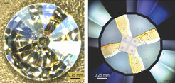 Fig. left: Optical microscopy image of a brilliant-cut diamond such as the ones used in a diamond anvil cell. Fig. right: Optical micrograph of a sample placed on the bottom diamond of the diamond anvil cell. The diamond is patterned with metallic electrodes that contact the sample at four different places. The four metallic contacts on the sample are visible through the translucent substrate.