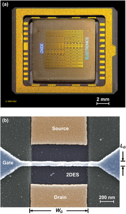 (a) Photograph of a 10 x 10 mm2 sized sample patterned by electron-beam lithography. It comprises several hundred FETs and further test devices. The gate lengths as designed vary from 50 nm to 5 µm.
(b) False-colored scanning electron microscopy image of an FET with 60 nm gate length and a source-drain distance of 600 nm. The 2D electron liquid forms a rectangular region connecting the source and drain electrodes and is surrounded by insulating amorphous LaAlO3.