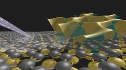 Sandwich mit elektronischer Würze: Die Illustration zeigt eine kristalline monoatomare Goldschicht unter Graphen (anthrazit). Darüber ist die elektronische Struktur der Goldschicht und des Graphens (grün) dargestellt. Die elektronischen Eigenschaften haben die Stuttgarter Max-Planck-Forscher spektroskopisch bestimmt, wobei sie die Probe mit einem Photonenstrahl (grau) untersuchten.