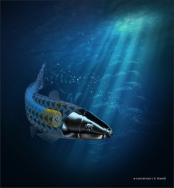 A microswimmer that swims through a liquid and operates much like a solar-battery.