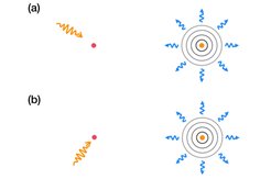 Fig. 1: Sketch illustrating in simple terms photons being absorbed in a probabilistic process (“quantum jump”) and later reemitted by spontaneous emission. An atom anchored in a crystal lattice may absorb a photon impinging on it from any direction, as long as the incoming mode has finite overlap with the dipole mode of the TLS. The excited atom later relaxes by emitting a photon as an outgoing spherical wave with arbitrary polarization, independent of the direction or polarization of the previously absorbed photon ((a) and (b)).