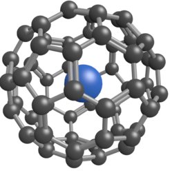 Fig. 1: An atomic spin (blue sphere) encapsulated inside a buckyball cage.