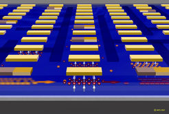 Figure 4:Illustration of a nanoionic device with tunnel sensors monitoring the diffusion of two species of ions (orange and red spheres) along ion-conducting passages (bright blue). Ions diffusing in plane are detected by transversely tunneling electrons (silverish arrows). The ions induce inelastic electron tunneling, which causes ion-specific features in the electron tunneling characteristic. These can be monitored and spatially resolved in real time. The bicolored brown bars depict electrodes.