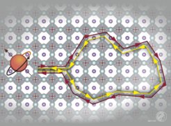 Schematic picture of weak antilocalization due to destructive interference of time-reversed closed loop paths. Background: crystal structure of antiperovskite.