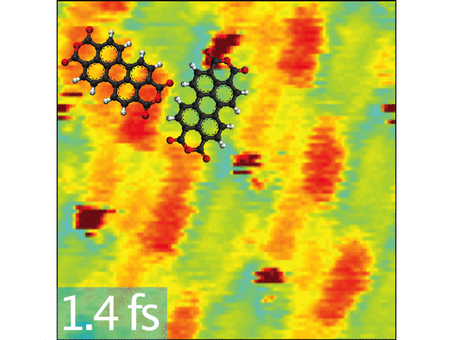 Jumping electrons: Using a combination of scanning tunnelling microscopy and laser spectroscopy with attosecond pulses, Max Planck researchers have filmed electrons in PTCDA molecules arranged next to each other. The position of two molecules are made visible by graphical models. One electron at a time switches back and forth between a higher-energy state and a lower-energy state. The blue colouring stands for a low electron density and the red for a high one. The electron is initially in the energetically higher state. This can be recognized by the relatively high proportion with low electron density (blue). Excited by a laser, it then jumps back and forth between the higher-energy and lower-energy states. The lower-energy state can be recognized by the generally more even distribution of electron density (green, yellow, and orange). After about 1.4 femtoseconds (three images), the electron once again reaches the higher-energy state.