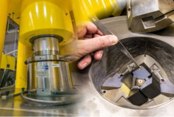 Figure 1: Left: 1000-ton press equipped with a Multi-anvil Walker module. Right: Experimental setup inside the Walker module. The reaction mixture is in the sealed capsule. The pressure is applied to the ceramic components surrounding the sample via the stainless steel anvils and the truncated tungsten carbide cubes.