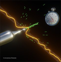 Light pulses emit electrons bursts from a metallic nanotip that last merely 53 attoseconds.