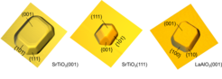 Figure 3: 3D rendered atomic force microscopy images of pristine nanocrystals formed as the final stage of material agglomeration, starting initially from two different orientation of SrTiO3 and one for LaAlO3 membranes.
