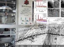Image of the HKZ high gas pressure image furnace and a grown boule with powder diffraction patterns. The bottom right shows a BSE image of an eutectic phase seperation of NiO in the growth process.