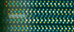 Background: High-angle annular dark-field scanning transmission electron microscopy image of a cross-section of an epitaxial Nb1+xSe2 thin film.Foreground: crystal structure of Nb1+xSe2. The arrows mark the in-plane orientations of each layer. Nb intercalants are predominantly found in the van der Waals gap of 180°-stacked layers, while leaving the van der Waals gap of the 0°-stacked layers relatively empty.