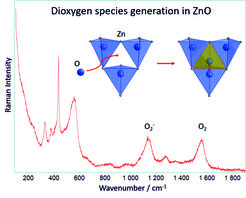 Figure 1: The Raman spectra of zinc oxide support the presence of the yellow superoxide ion O2- by the band at ca. 1140 cm-1. Additionally, the band at ca. 1560 cm-1 identifies the O2-molecule within the deposited films and in pressed powders. The corresponding structural process in ZnO proceeds by filling a face-connected, normally unoccupied, OZn4 tetrahedron (yellow) with subsequent formation of a dioxygen species (red bond, distortions are disregarded).