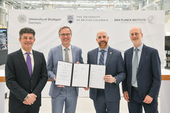 Left to right: Prof. Andrea Damascelli, Scientific Director of UBC`s Stewart Blusson Quantum Matter Institute, Prof. Peter Middendorf, Rector of the University of Stuttgart, Prof. Benoit-Antoine Bacon, UBC President and Vice-Chancellor, Prof. Bernhard Keimer, Director of the Max Planck Institute for Solid State ResearchImage: Max Kovalenko / University of Stuttgart
