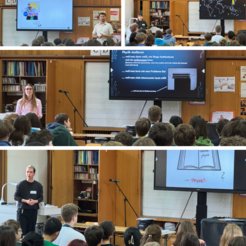 In a classroom, four MPI-FKF doctoral students give presentations to pupils from the Karls-Gymnasiums Stuttgart. Content on screens includes information about physics studies. Bookshelves in the background.