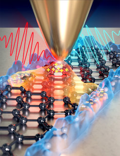 A laser interacts with a graphene lattice, creating wave patterns and electronic effects.
