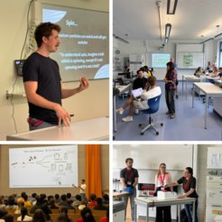 A collage of educational activities includes a lecture on quantum physics, a classroom discussion with students using laptops, a science lecture with a large audience, and a demonstration involving scientific equipment.