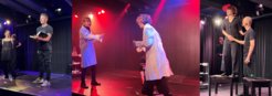 Three scenes of a play with actors acting in different interactions on a stage, while colorful lighting effects emphasize the atmosphere of the performance.